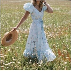 LoveShackFancy blue Tiered Maxi Dress with Puff Sleeves